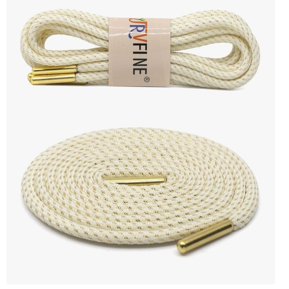 YJRVFINE Cream Gold Metallic Round Braided Shoelaces with Gold Metal Tips NEW
